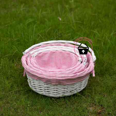 Wickerwise White Round Willow Gift Basket with Pink and White Gingham Liner and Sturdy Foldable Handles 3 Set QI004620.PK.3
